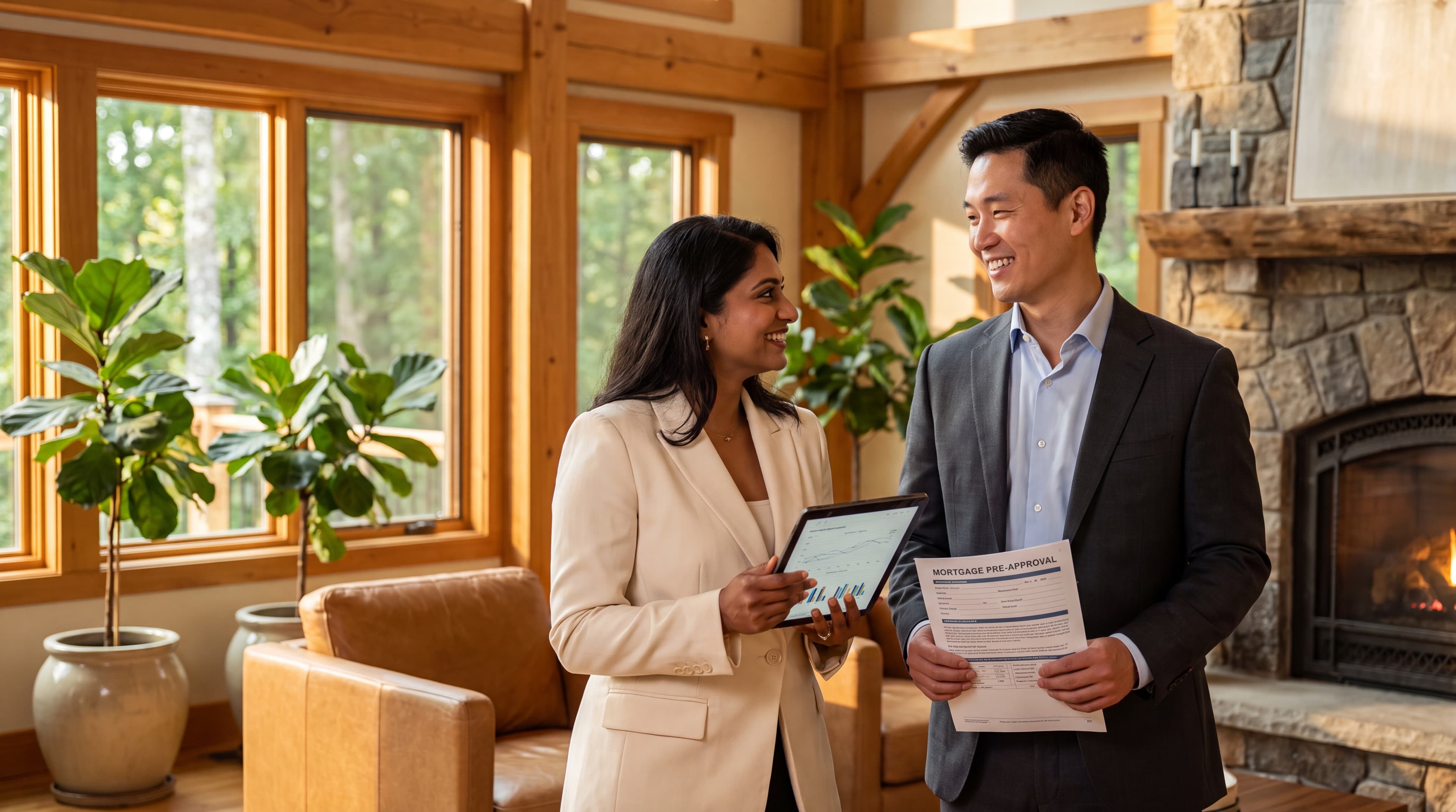 Two Key2 Mortgages advisors standing in front of a modern home