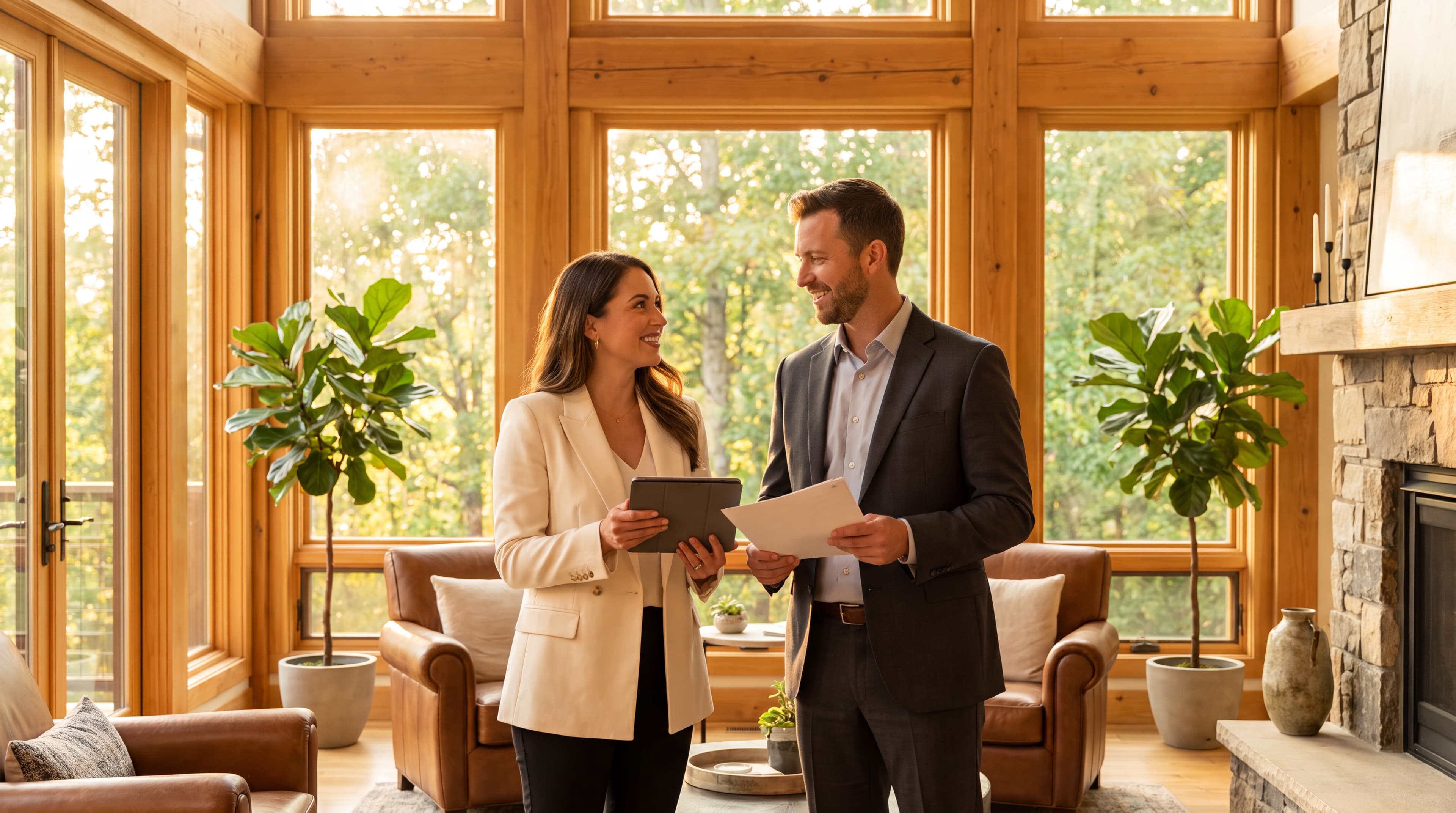 Two Key2 Mortgages advisors standing in front of a modern home