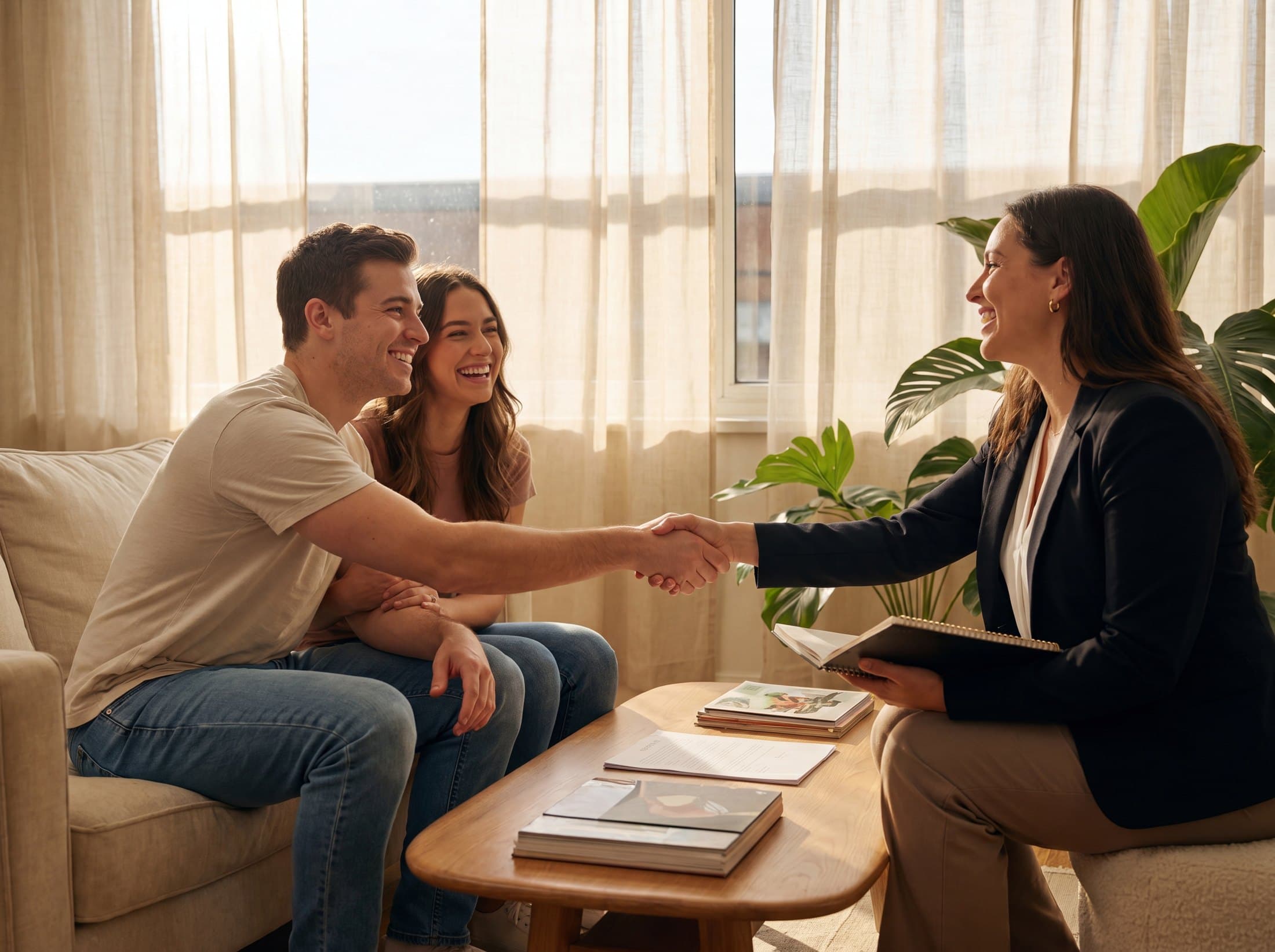 A couple shaking hands with their Key2 Mortgages advisor